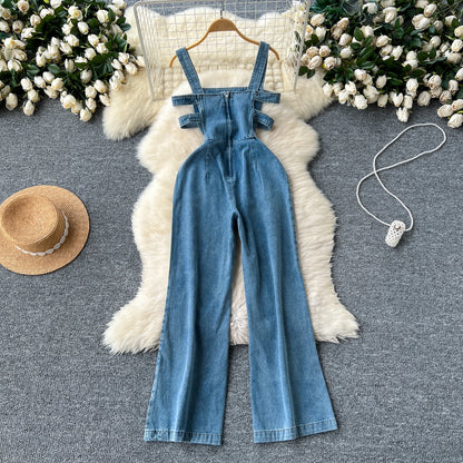 Jumpsuits Women Denim Suspender Jeans One Piece Wide Leg Pants Washed Mom Distressed Pockets Trousers Summer 2025 Streetwear.