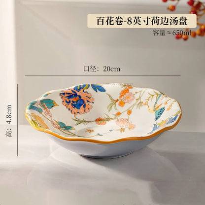 1PC Chinese-style Ceramic Plates New Flower-patterned Dinner Plates Ceramic Fruit Salad Plates Exquisite Kitchen Accessories