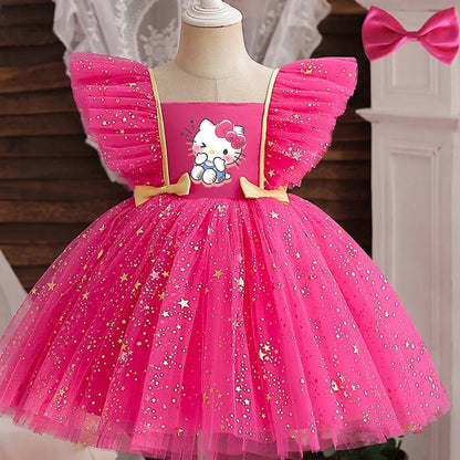 Hello Kitty Prinzessinnenkleid für Mädchen, Pailletten, Stern, Rüschen, Schleife, Tutu-Kleid, Baby, formelles Gala-Abschlussballkleid, Kinder-Abendparty-Kostüm
