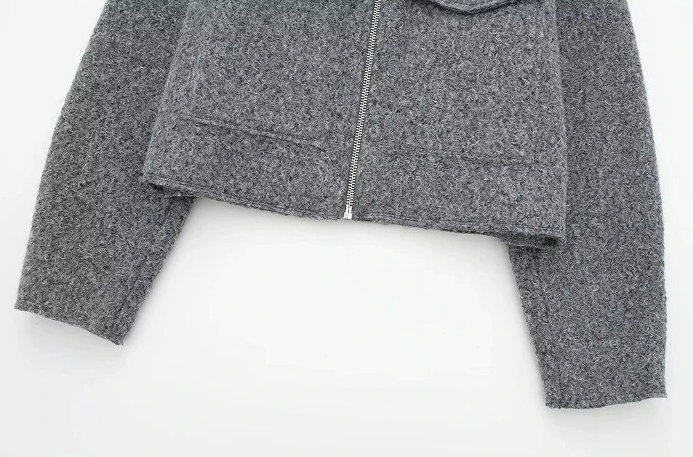 TRZA Frauen Mode Patch Taschen Mit Klappen Abgeschnitten Jacke Mantel Vintage Langarm Front Zipper Weibliche Oberbekleidung Chic Tops.