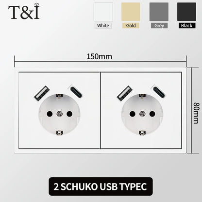 Europäische Wandsteckdose, EU-Steckdose, USB-Typ-C-Ladeanschlüsse, 1/2-Gang-Lichtschalter, 16 A 250 V, Unterputzmontage, weißes Panel, 80 x 80 mm