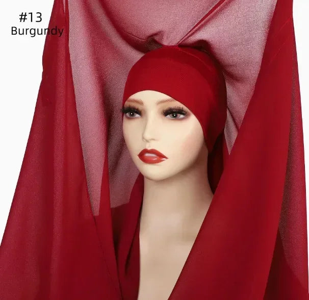 Chiffon Instant Hijab With Bulit-in Magnets Muslim Woman Hijab Solid Color Easy To Wear Shawl Wrap With Undercap Famme Headscarf.