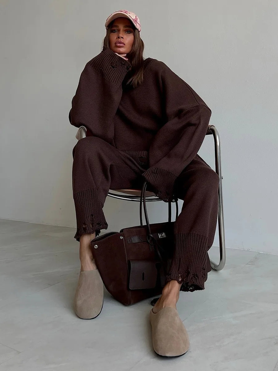 Two Piece Ripped Set Women Knit Tracksuits O Neck Long Sleeve Casual Baggy Sweatshirts+ Joggers Pants Outfits 2025 Fall Winter