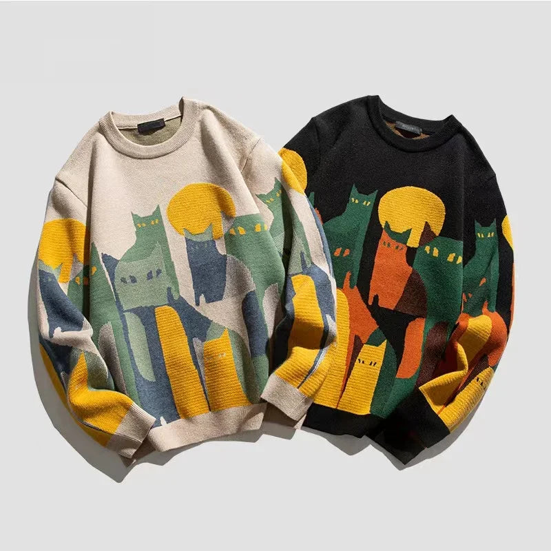 2024 Autumn Knitted Sweater Men Women Winter Harajuku Cartoon Full Cat Print Pullover Vintage Causal Loose Sweaters Streetwear.