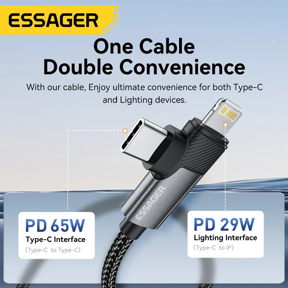 Essager 2-in-1 Right Angle Cable PD 65W 29W Fast Charging Elbow Data Cable For iPhone 15 14 13 MacBook Lenovo Asus Dell iPad Pro.