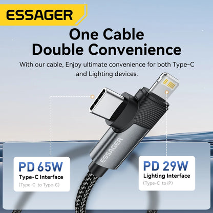 Essager 2-in-1 Right Angle Cable PD 65W 29W Fast Charging Elbow Data Cable For iPhone 15 14 13 MacBook Lenovo Asus Dell iPad Pro.