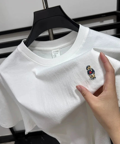Light luxury 100% cotton men's T-shirt short sleeve round neck skin friendly comfort fashion brand cartoon bear embroidered top