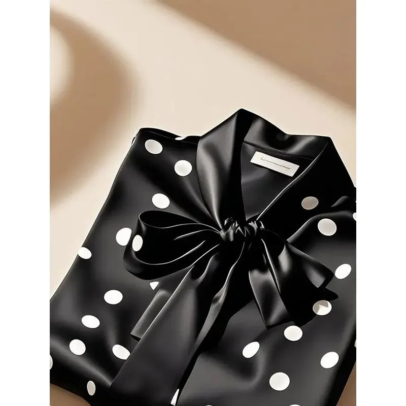 Elegant High Quality Satin Polka Dot Print Shirt Women Office Lady Business Casual Chic Blouse Lace-up Bow Long Sleeve Loose Top.