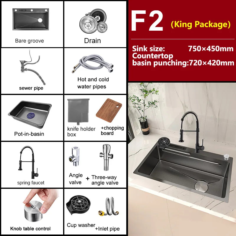 Stainless Steel Kitchen Sink Embossed Large Single-Slot With Kitchen Faucet Multifunctional Washbasin for Apartment