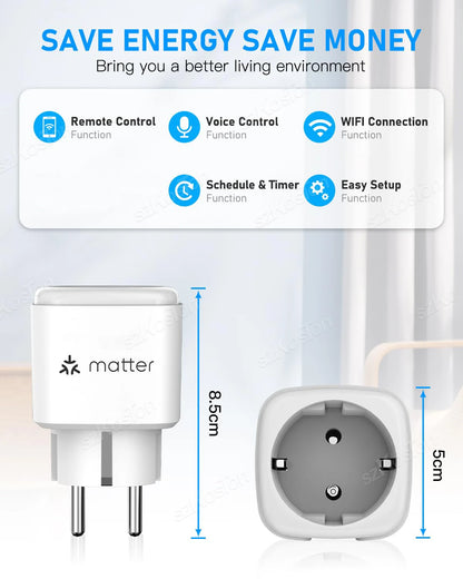 16A Matter EU WiFi Smart Socket Home Appliance Mini Smart Plug Adapter APP Control Timer Funktioniert mit HomeKit Siri Alexa Google.