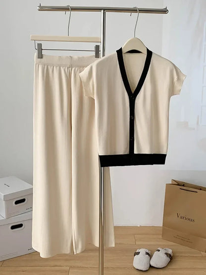 Fashion Knitted 2 Pieces Sets Women V-Neck Single Breasted Cardigan+High Waist Wide Leg Long Pants 2024 New Solid Sweater Suits