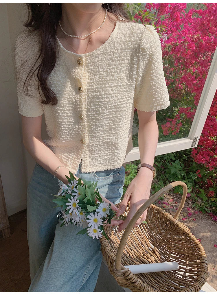 New Summer Short Sleeve O-Neck Women Shirt Sweet White Shirt Blouse Women Tops 2025 Blouses Shirts Blusas Para Mujer Blusa XL183.