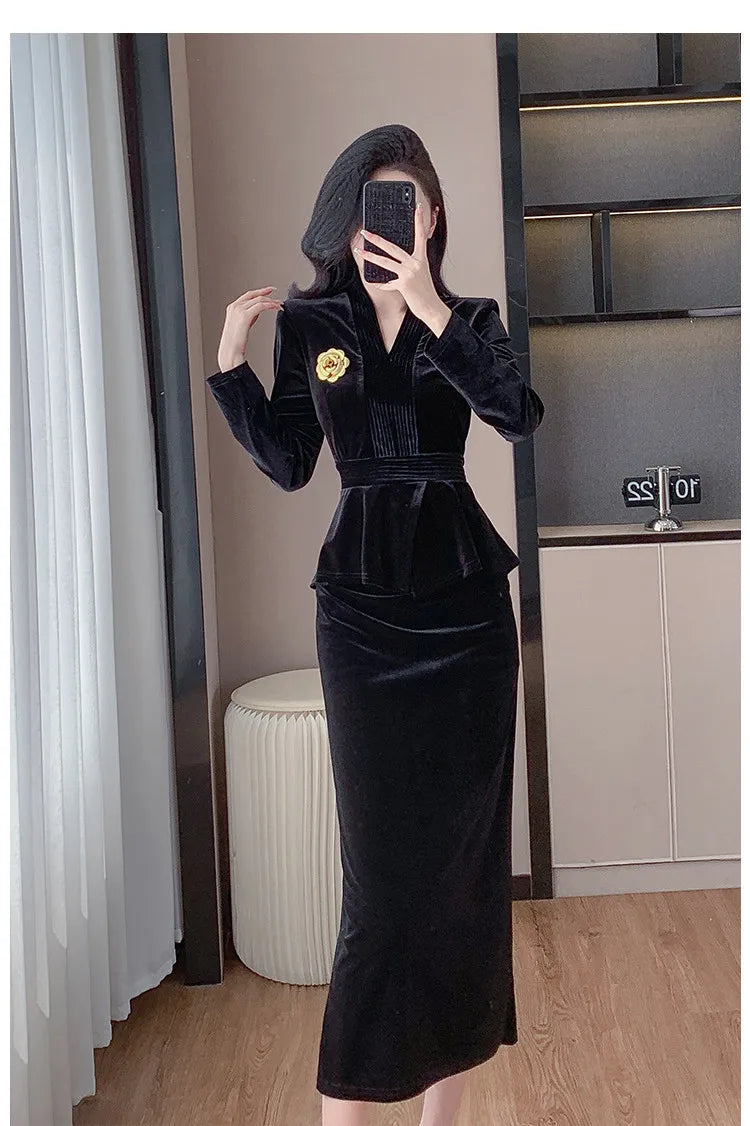 VigoAnne 2025 Solid V Neck Velvet 2 Piece Set Woman Long Sleeve High Waist Skirt Suits Lady Spring Autumn Korean Long Dress Suit.