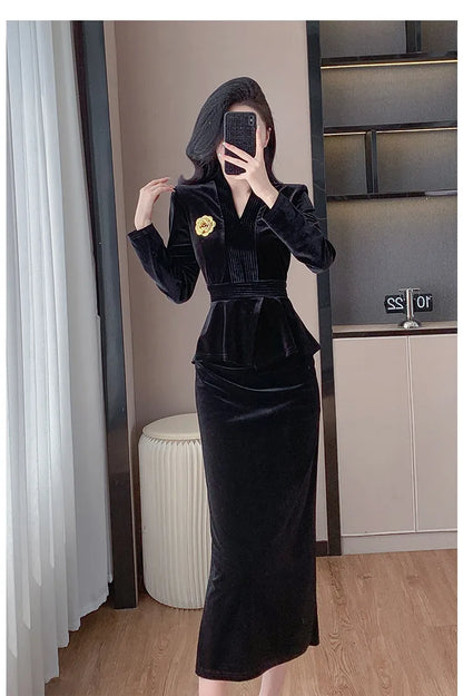 VigoAnne 2025 Solid V Neck Velvet 2 Piece Set Woman Long Sleeve High Waist Skirt Suits Lady Spring Autumn Korean Long Dress Suit.