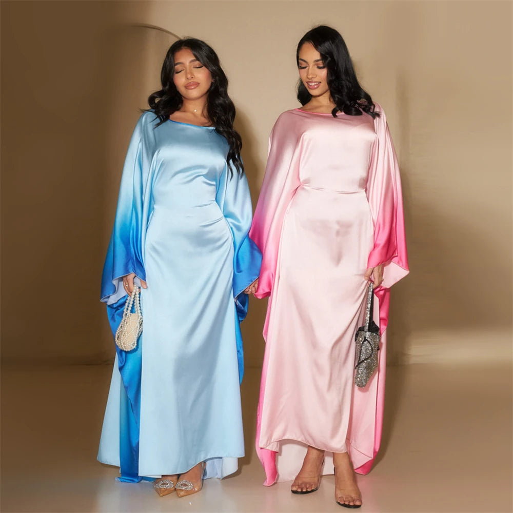 Gradient Batwing Butterfly Sleeve Satin Abaya Dubai Luxury Muslim Kaftan Dress For Women Kebaya Caftan Marocain Femme Vestidos.