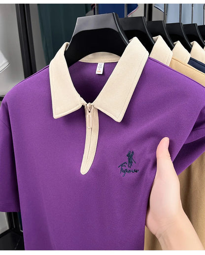 Luxury brand short sleeve polo shirt men's fashion Pony embroidered summer trendy breathable casual color blocked lapel T-shirt
