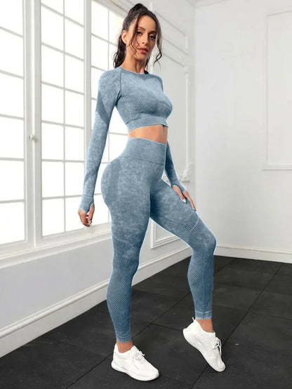 2 Piece Acid Wash Gym Set Women Seamless Long Sleeve Leggings Tracksuit Sports Fitness Suit Scrunch Workout Clothes Yoga Outfits.