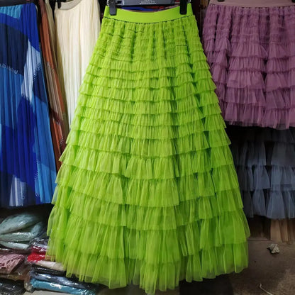 Chamliforve Women Tulle Mesh Skirt Elegant Elastic Waist Fairy Long A-line Tutu Skirt for Spring Summer Long Cake Skirt.