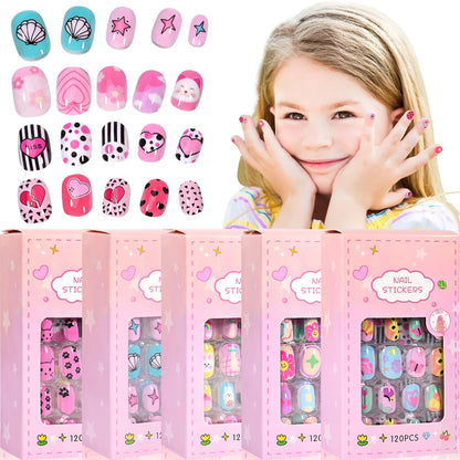 120Pcs Children's Press on Nails Kids Cartoon Acrylic Fake Nails Tips Kawaii Girl Full Cover Short False Nails With Jelly Glue#@.