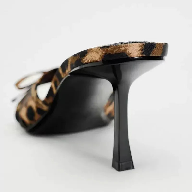 2025 New European and American High Quality Women Shoes Bow Knot Leopard Print High Heel Slippers Women Slippers.