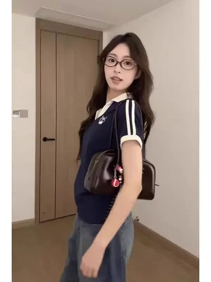 Korean Style Sweet Cool Polo Neck Color Block T-Shirt Women's Fashion Autumn Versatile Short Sleeve Mixed Fabric T-Shirt.