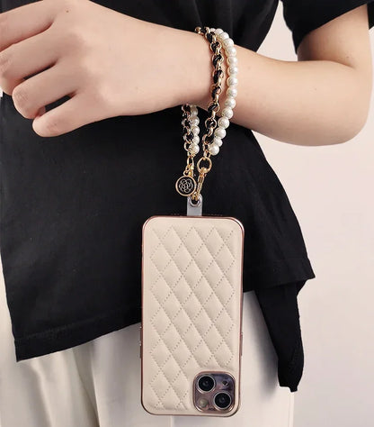 26cm Leather Pearl Camellia Mobile Phone Charm Bracelet Chain Anti-lost Universal Cell Phone Strap Rope Pendant Metal Key Chain.
