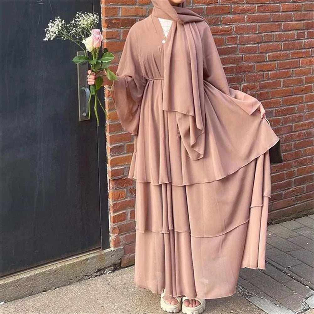 Summer Modest Kaftan Hijab Dresses For Women Kids Open Chiffon Khimar Kimono Abaya Dubai Luxury Muslim Sets Islam Kebaya Damen.