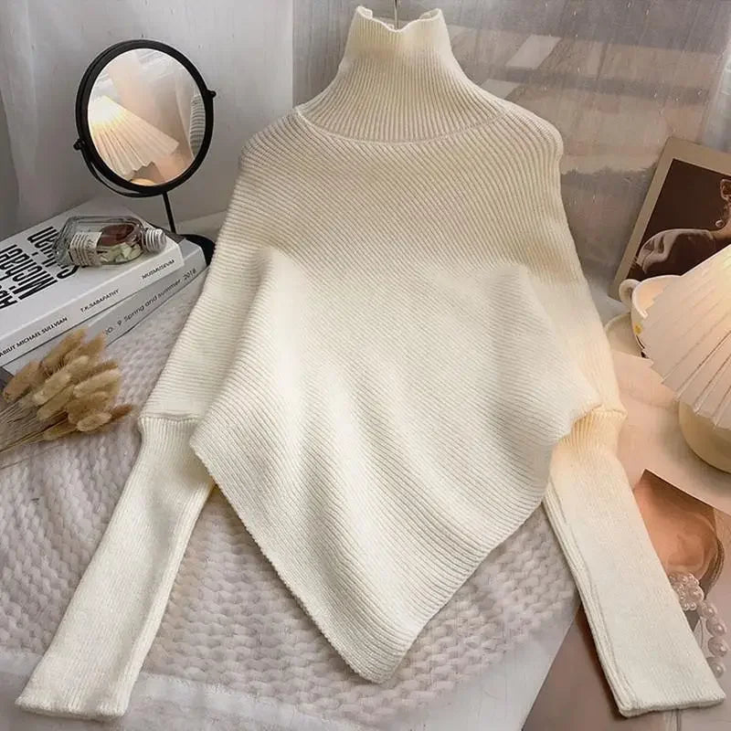 2025 Korea Herbst Winter Frauen Mode Unregelmäßigen Lose Stricken Pullover Vintage High Neck Langarm Weibliche Pullover Chic Tops