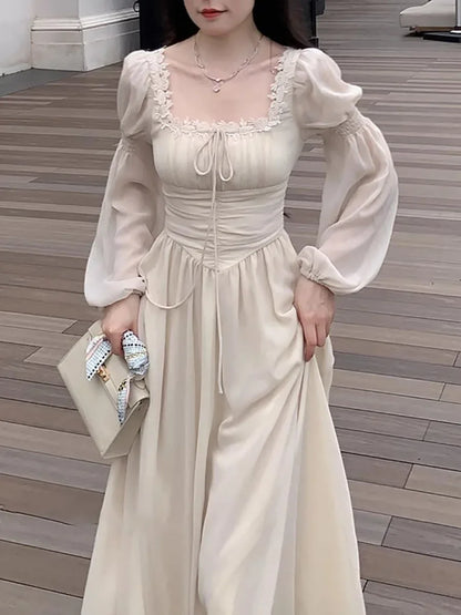 2024 Französisch elegante Prinzessin Abend party Midi Kleider für Frauen A-Linie schlanke Bandage Langarm Vestidos koreanische Frühlings kleidung.