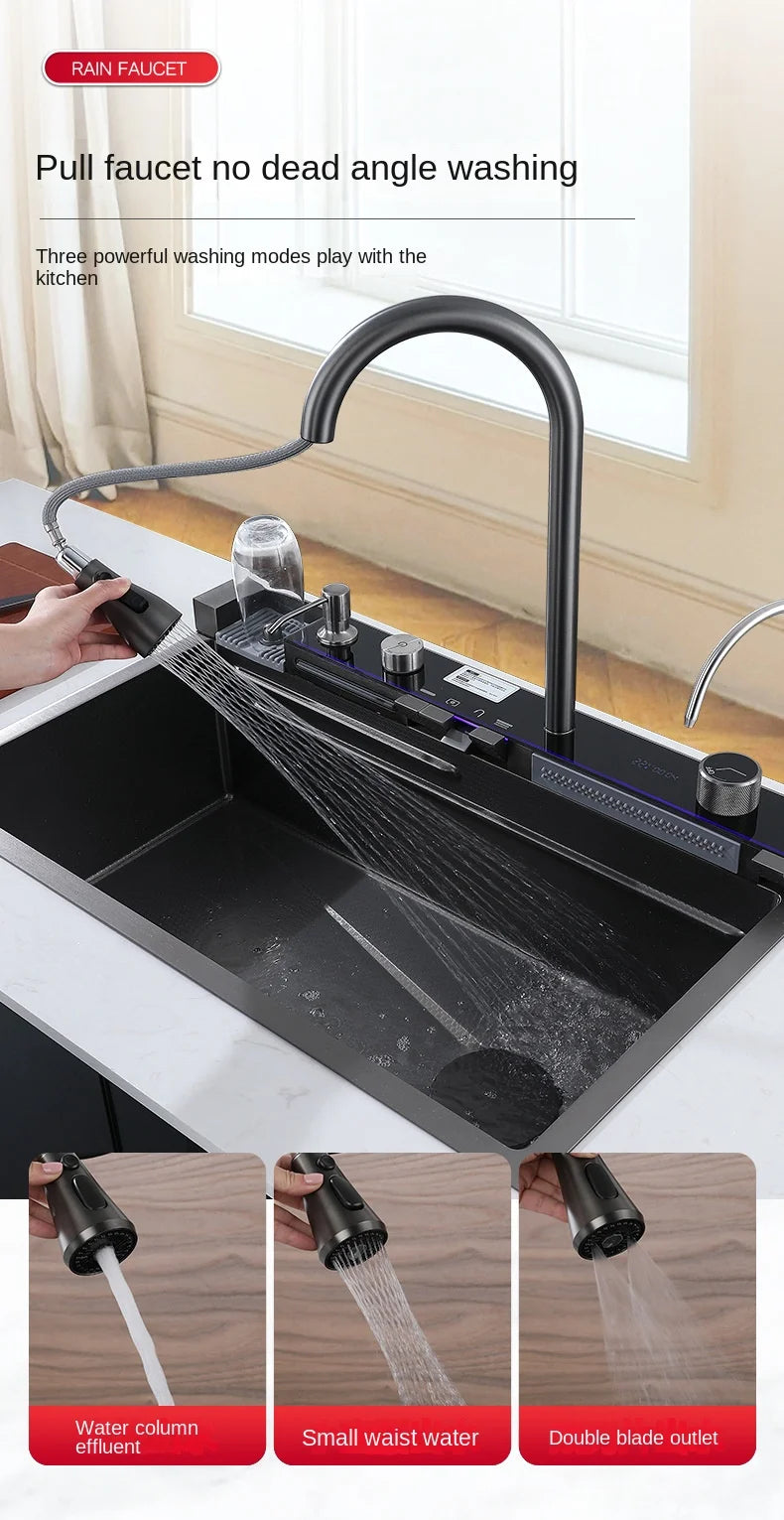 Wasserfall-Küchenspüle aus Edelstahl 304, großes Einzelschlitz-Wasserhahn-Set mit integrierter Digitalanzeige, Seifenspender, Tassenwascher