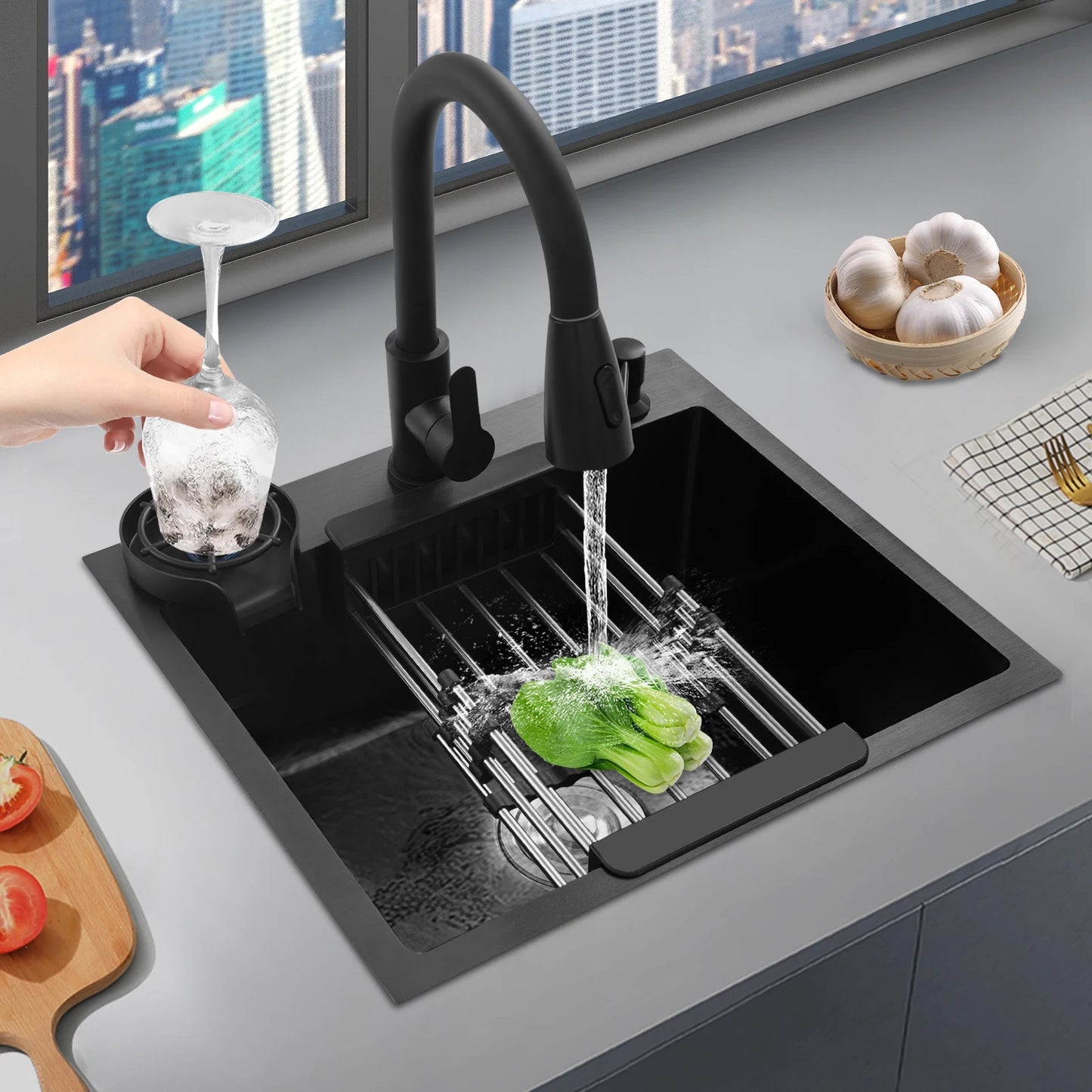 Multifunktionales Küchenspülbecken aus Edelstahl, rechteckiges schwarzes Küchenspülbecken mit ausziehbarem Wasserhahn und 300 ml Seifenspender
