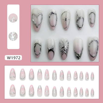 24pcs Red Star Print Fake Nails Sweet Cool Short Almond Press on Nail for Women Wearable Detachable Ins Spice Girl False Nails