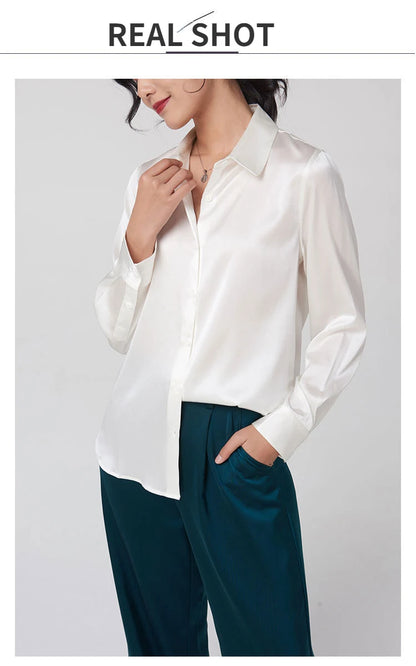 Woman Silk Shirt Long-sleeved Satin Women Blouse 19mm Mulberry Silk Blouse Loose Versatile Base Shirt 95% Natural Silk+5%Spandex.