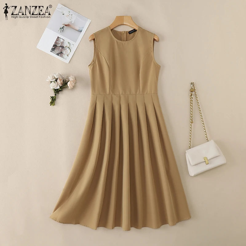 ZANZEA Elegante Frauen Plissee Midi Kleider Ausgestattet Taille Ärmel Solide Party Vestidos 2025, Sommer O Neck Pendeln Roben Femme.
