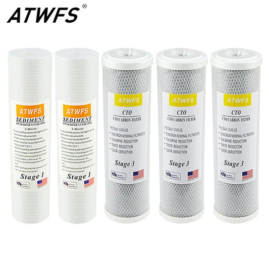 High Capacity Pre-Filter Reverse Osmosis Water Filter System Stage 1, 2&3, pack of 2 sediment and 3 carbon black Filters