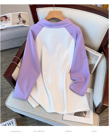 170kg plus size Damen büste Frühling Herbst loser Polo kragen kontrastieren des Sweatshirt schwarz lila 4xl 5xl 6xl 7xl 8xl 9xl