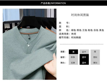 Men's T-shirt Classic V-Neck Short Sleeved Cotton Solid Button Super Soft High Quality L-4XL Casual Tshirt Design Men Tee Shirts.