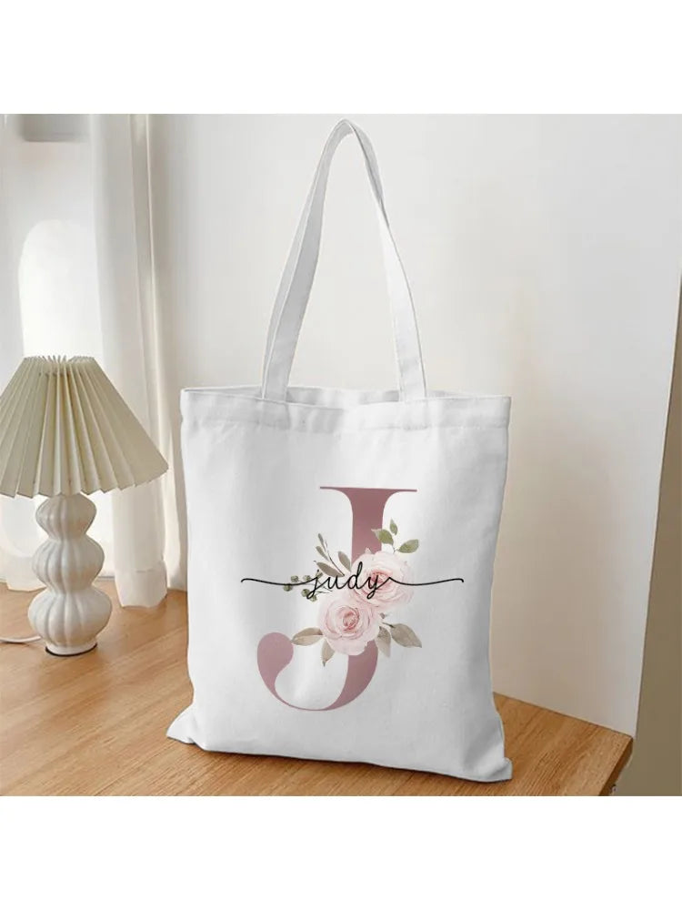 Custom Name White Canvas Tote Bag Large Capacity Foldable Supermarket Shopping Bag for Women Shopper Personalized Handbags.