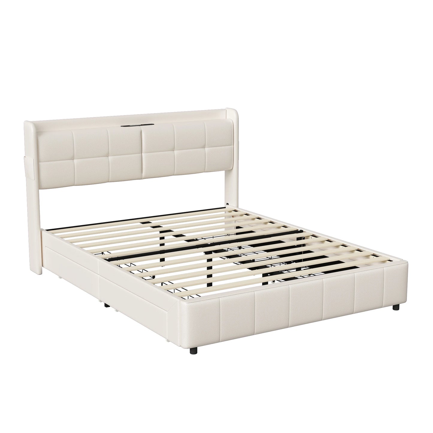 Lazyspace 140 x 200 cm Doppelbett mit 4 Schubladen, weiß gepolstertes Bett, Kopfteil mit Stauraum, USB, PU-Leder, keine Matratze