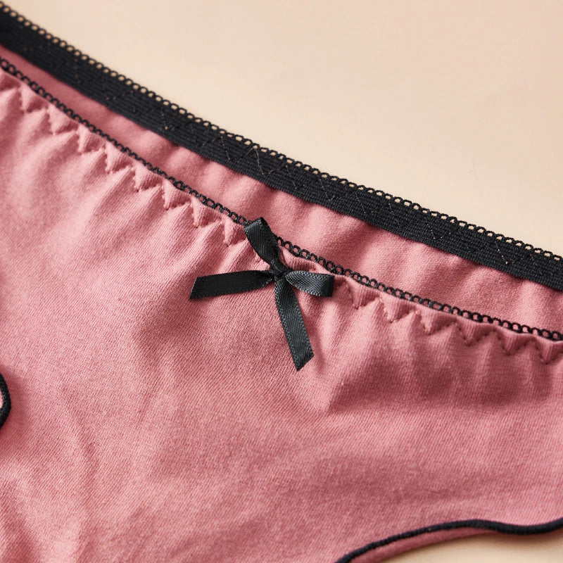 4pcs women's cotton solid color thong sexy comfortable women's underwear daily breathable T-back knitted bow cute girl low-waist.