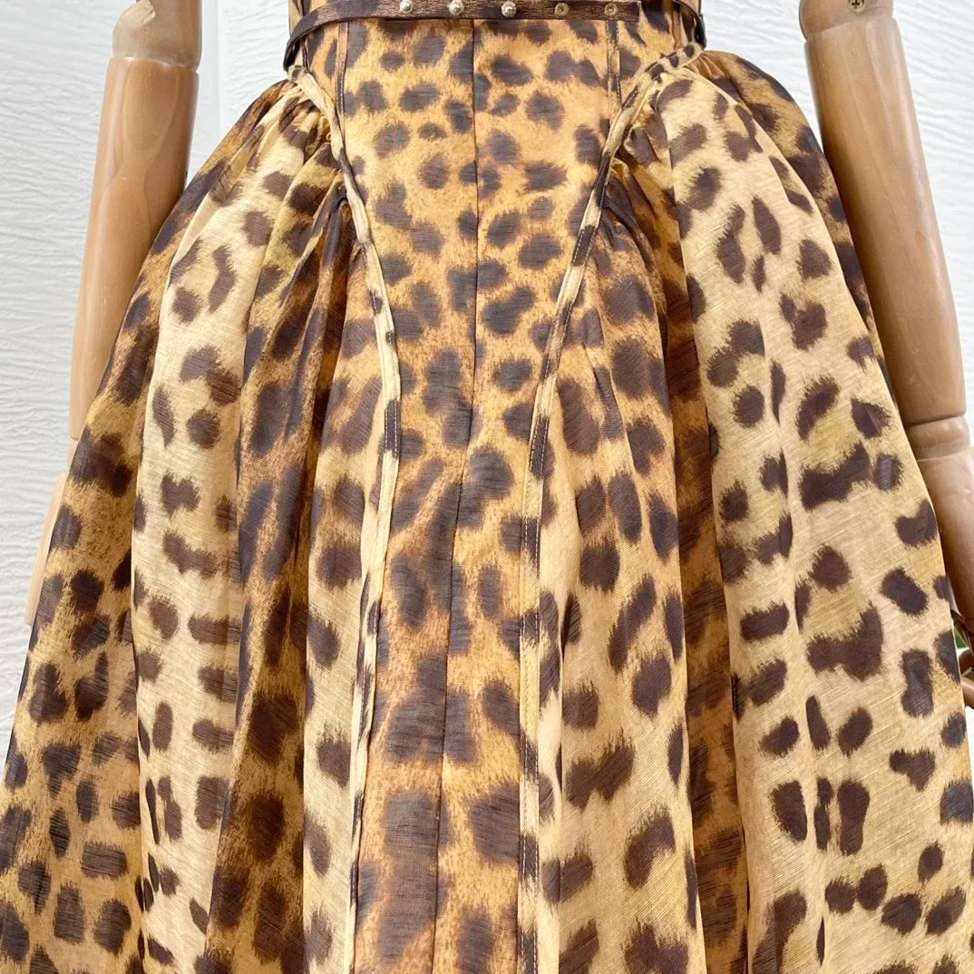 Klassisches Leopardenmuster, neues, hochwertiges 2025, Leinen-Seide, ärmellose Falten, Diamanten, Damen-Vintage-Spaghetti-Midikleid.
