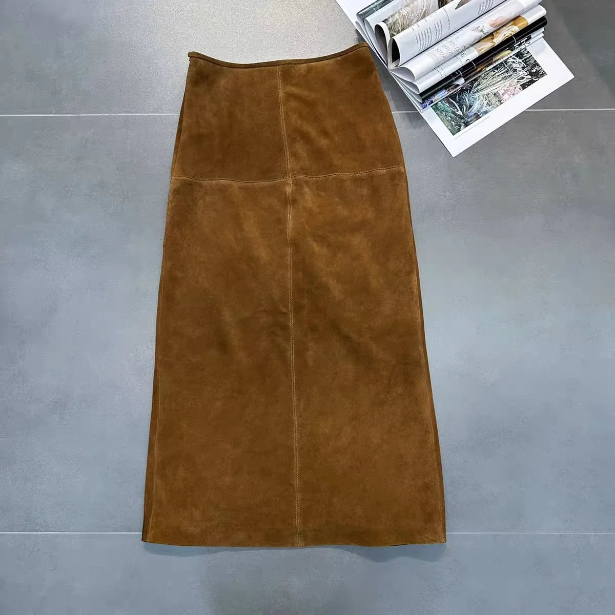 Retro High Grade Suede Real Leather Long Skirt 80cm For Women Upgraded Imported  Jupe Back Split Waist Loop Faldas Ankle-Length