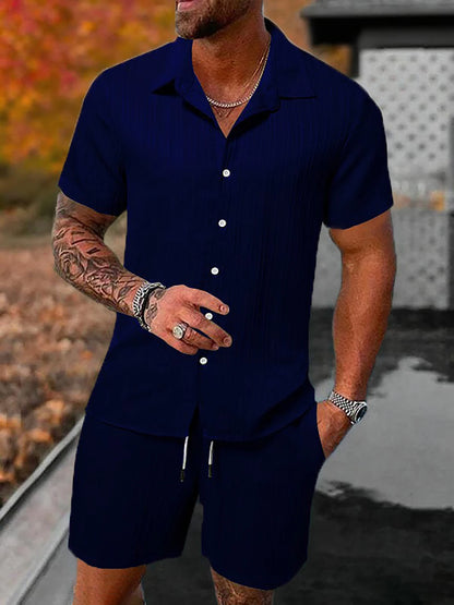 Lazy Street Style Vertical Stripe Slimming Shirt Shorts Two-piece Set No Need To Pair With Autumn Men's Thin Knit Sports Suit