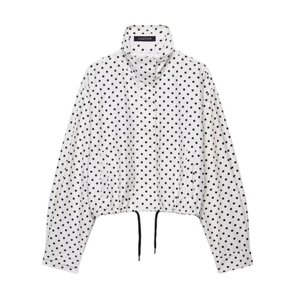 TRAFZA Herbst Polka Dot Gedruckt Jacke Für Frauen Lange Ärmel Rollkragen Zipper Mit Taschen Kordelzug Lose Vintage Mäntel