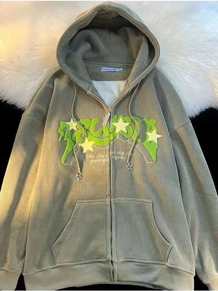 Plus Größe XL-3XL Cord Stickerei Lose Hoodies Frauen Frühling Herbst Lange Sleeve Zipper Kapuze Hemd Harajuku Y2K Sweatshirt.
