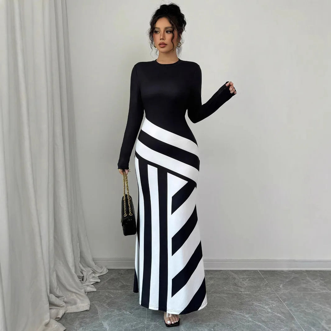 Sexy frauen Maxi Kleider Neue Herbst Streetwear Fashion Schwarz Weiß Patchwork Beiläufige Dünnes Kleid Elegante Gestrickte Kleider Kleidung.