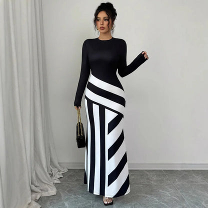 Sexy frauen Maxi Kleider Neue Herbst Streetwear Fashion Schwarz Weiß Patchwork Beiläufige Dünnes Kleid Elegante Gestrickte Kleider Kleidung.