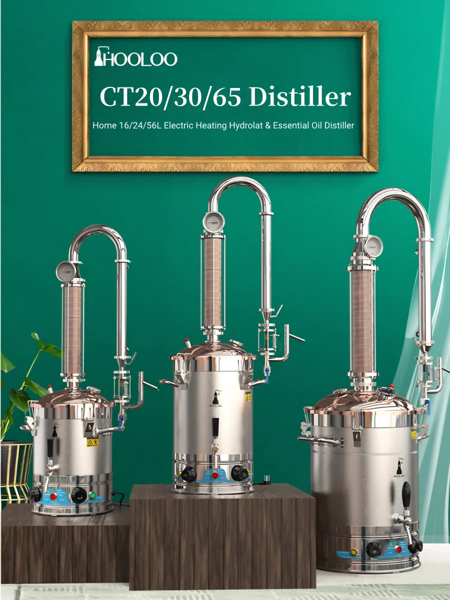 HOOLOO CT Distiller Electric Hydrolat Essential Oil Still Moonshine Still Copper lid Glass Copper Mesh Column Home Fragrance.
