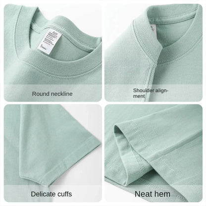 Summer Light Green Heavy Weight 300G Short Sleeved T-shirt Cotton  Men's Loose Casual Base Shirt Korean Tee Women's.