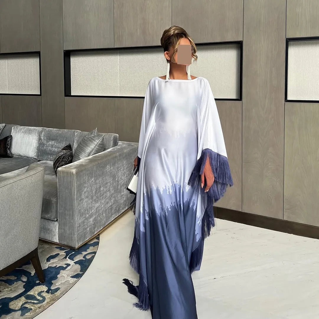 Uni Tassel Gradient Dubai Muslim Abaya For Woman O-Neck Elegant Casual Loose Moroccan Saudi Kebaya Fashion Party Dress 2025.